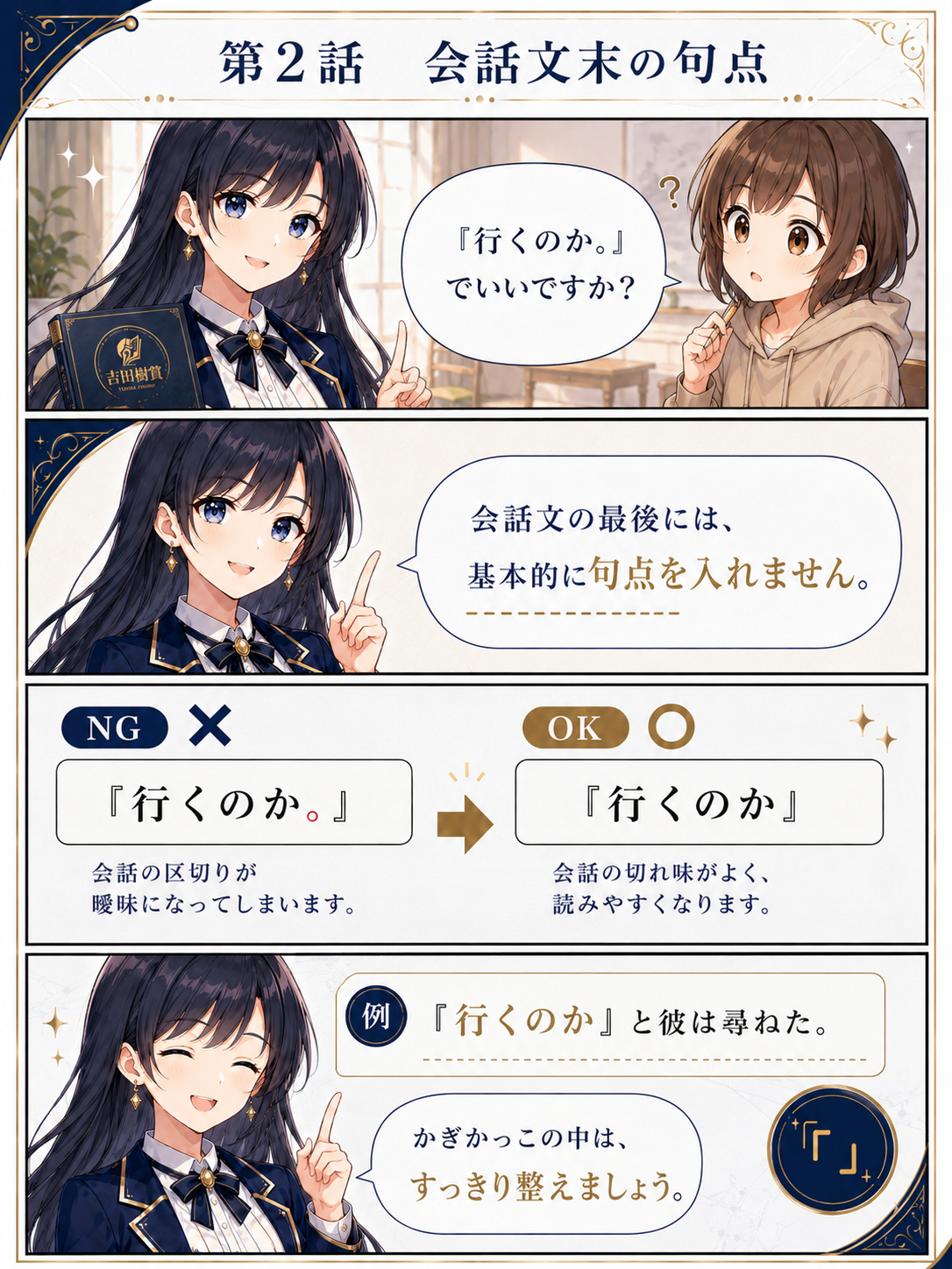 第2話 会話文末の句点を説明する四コマ漫画。