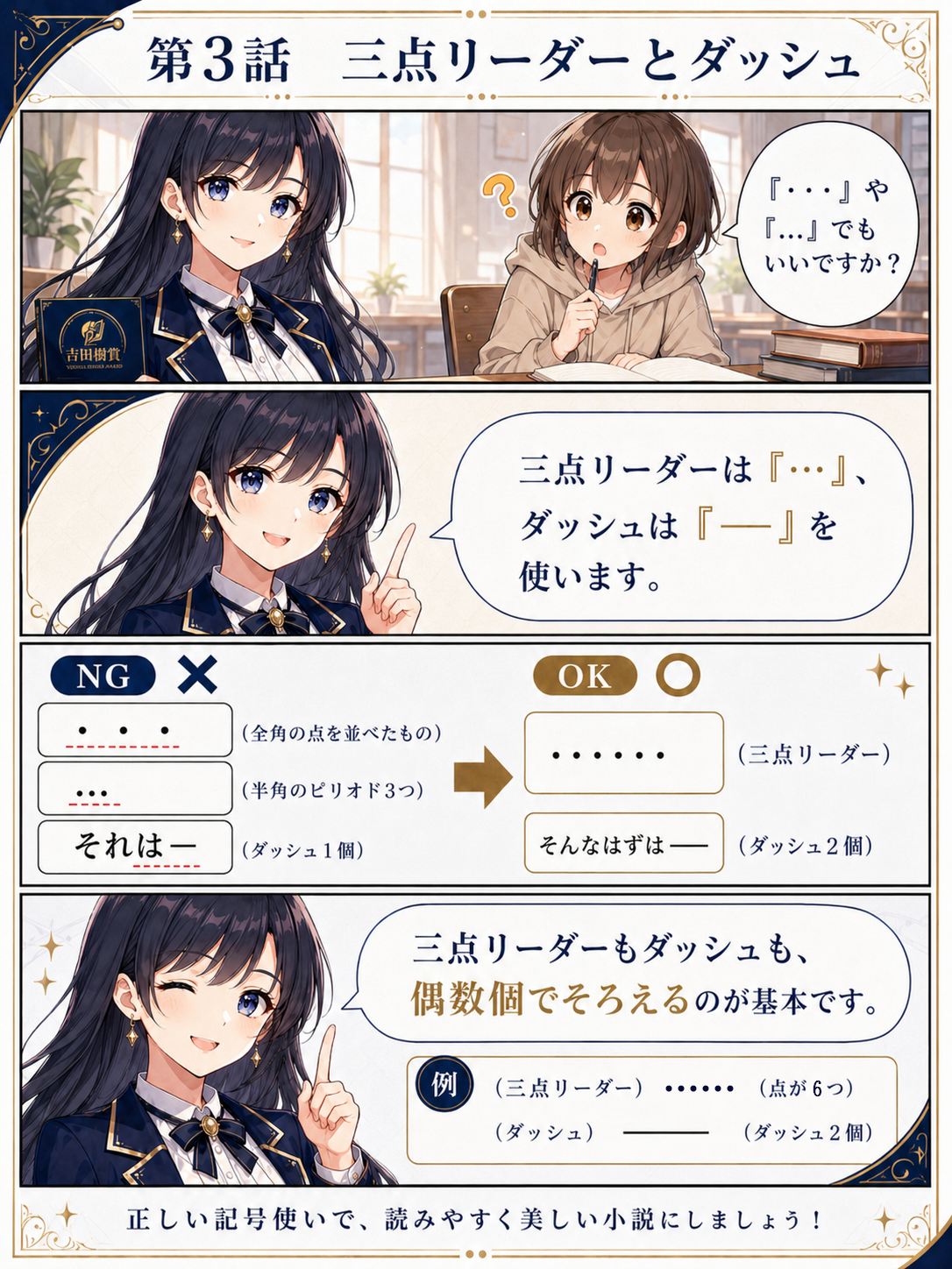 第3話 三点リーダーとダッシュを説明する四コマ漫画。